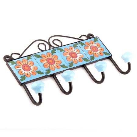 Turquoise Floral Ceramic Tiles Hooks